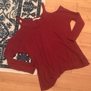 Red cold shoulder waffle knit long sleeve top